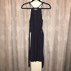 Navy blue and white polka dot tea-length a-line dress